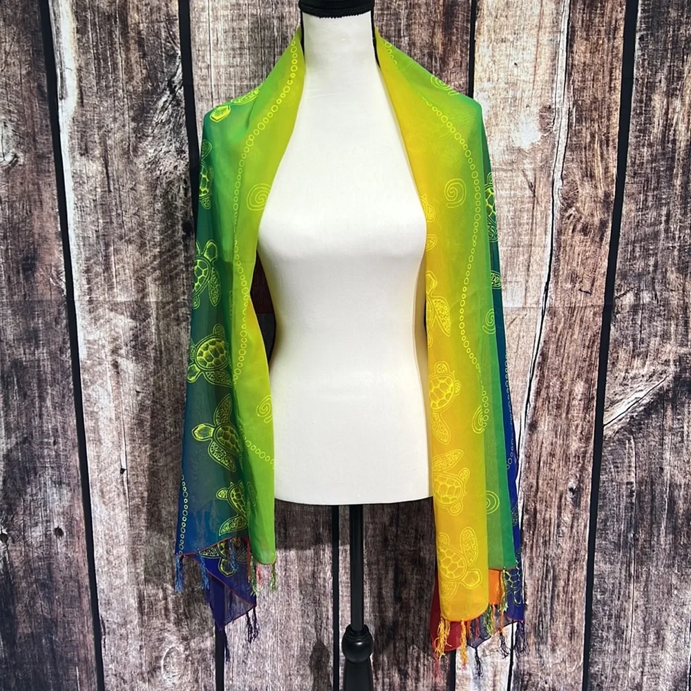 Scarf Rainbow Sheer Turtle Print Tassel Shawl - 41.5 x 68